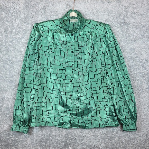 Willow Ridge Tops - Vtg 80s Green Black Chiffon Top Willow Ridge Button Front High Neck Textured Dot